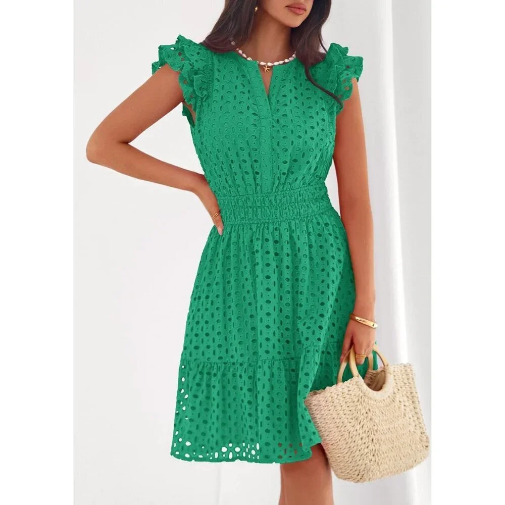 Women's Green V Neck Eyelet Cap Sleeve Summer Beach Vacation Sundresseses